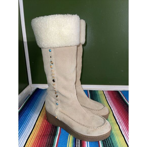 Steve Madden Boots Women 7.5 Beige Seminole Suede Y2K Turquoise Beads Studs - Picture 3 of 13
